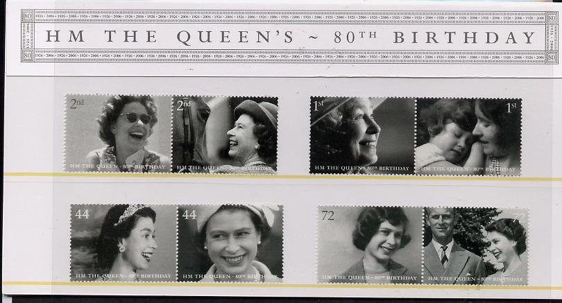 Great Britain 2006 80th Birthday of HM Queen Elizabeth II perf set of 8 (4 se-tenant pairs) in official presentation pack unmounted mint SG 2620-27, stamps on royalty