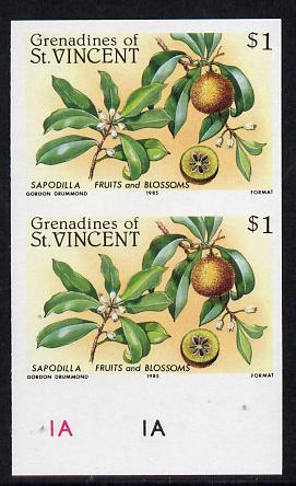 St Vincent - Grenadines 1985 Fruits & Blossoms $1 (Sapodilla) imperf pair unmounted mint (as SG 400), stamps on flowers  fruit