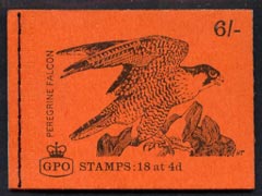 Booklet - Great Britain 1968-70 Birds - Perigrine Falcon (red cover Aug 1968) 6s booklet complete and fine, SG QP40, stamps on birds, stamps on falcons, stamps on birds of prey, stamps on 