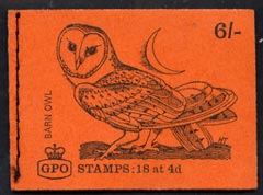 Great Britain 1968-70 Birds - Barn Owl (red cover Jan 1969) 6s booklet complete and fine, SG QP45, stamps on , stamps on  stamps on birds, stamps on  stamps on owls, stamps on  stamps on birds of prey, stamps on  stamps on disasters, stamps on  stamps on 