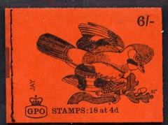 Great Britain 1968-70 Birds - Jay (red cover Mar 1969) 6s booklet complete and fine, SG QP47, stamps on , stamps on  stamps on birds, stamps on  stamps on jays, stamps on  stamps on disasters, stamps on  stamps on 