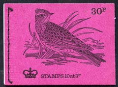 Booklet - Great Britain 1971-73 Birds #7 - Skylark (purple cover Apr 1973) 30p booklet complete and fine, SG DQ70, stamps on , stamps on  stamps on birds, stamps on  stamps on skylarks