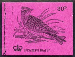 Great Britain 1971-73 Birds #7 - Skylark (purple cover Feb 1973) 30p booklet complete and fine, SG DQ69, stamps on , stamps on  stamps on birds, stamps on  stamps on skylarks