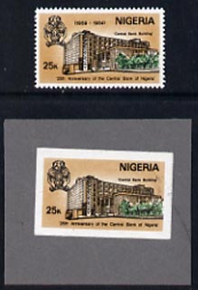 Nigeria 1984 25th Anniversary of Central Bank imperf stamp-sized machine proof of 25k value mounted on small grey card as submitted for approval, similar to issued stamp but without dates, possibly UNIQUE plus issued stamp SG 474, stamps on , stamps on  stamps on banking, stamps on  stamps on coins, stamps on  stamps on finance