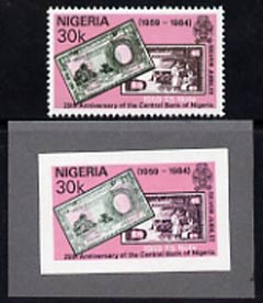 Nigeria 1984 25th Anniversary of Central Bank imperf stamp-sized machine proof of 30k value mounted on small grey card as submitted for approval, similar to issued stamp but design not so clear, possibly UNIQUE plus issued stamp SG 475, stamps on , stamps on  stamps on banking, stamps on  stamps on coins, stamps on  stamps on finance