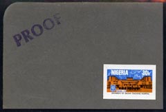 Nigeria 1973 Ibadan University imperf stamp-sized machine proof of 30k value mounted on small grey card marked 'Proof' as submitted for approval, similar to issued stamp, as SG 320, stamps on , stamps on  stamps on education, stamps on  stamps on universities