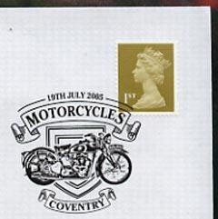 Postmark - Great Britain 2005 cover celebrating Mororcycles with illustrated Coventry cancel (showing a Triumph), stamps on , stamps on  stamps on motorbikes