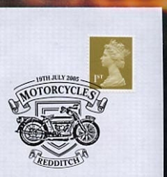 Postmark - Great Britain 2005 cover celebrating Mororcycles with illustrated Redditch cancel (showing a 1914 Royal Enfield), stamps on , stamps on  stamps on motorbikes