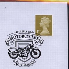 Postmark - Great Britain 2005 cover celebrating Mororcycles with illustrated Nottingham cancel (showing a 1930 Brough), stamps on , stamps on  stamps on motorbikes