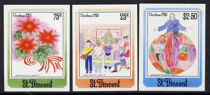 St Vincent 1985 Christmas (Children's Paintings) set of 3 each in unmounted mint imperf pairs (SG 949-51var), stamps on arts  christmas      children