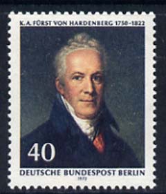 Germany - West Berlin 1972 Death Anniversary of Karl August von Hardenberg (statesman) unmounted mint, SG B429, stamps on , stamps on  stamps on constitutions, stamps on  stamps on judaica