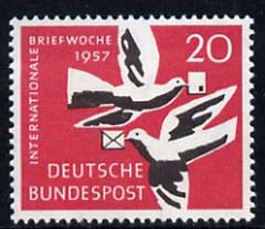 Germany - West 1957 International Correspondence Week 20pf (Carrier Pigeons) unmounted mint, SG 1195, stamps on , stamps on  stamps on birds, stamps on  stamps on pigeons, stamps on  stamps on communications