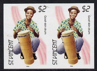 St Vincent 1985 Musical Instruments $2 (Goat-Skin Drum) imperf pair (SG 908var), stamps on , stamps on  stamps on music, stamps on  stamps on musical instruments
