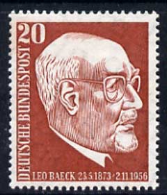 Germany - West 1957 first Death Anniversary of Dr Leo Baeck (philosopher) 20pf unmounted mint, SG 1197, stamps on , stamps on  stamps on personalities, stamps on  stamps on education