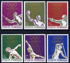 Rumania 1972 Munich Olympics (2nd issue) perf set of 6 unmounted mint, SG 3914-19, stamps on olympics, stamps on water polo, stamps on shooting, stamps on discus, stamps on gymnastics, stamps on rowing, stamps on canoeing, stamps on fencing, stamps on  gym , stamps on gymnastics, stamps on 