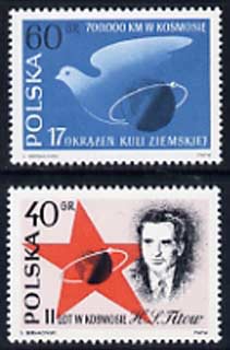 Poland 1961 2nd Russian Manned Space Flight set of 2 unmounted mint, SG 1249-50, stamps on , stamps on  stamps on space, stamps on  stamps on personalitites, stamps on  stamps on birds, stamps on  stamps on dove