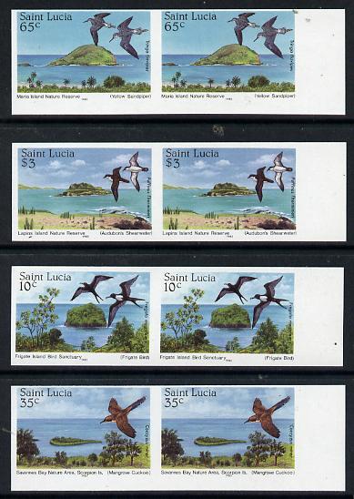 St Lucia 1985 Nature Reserves set of 4 each in unmounted mint imperf pairs (SG 820-23), stamps on birds     frigate    cuckoo    sandpiper      shearwater