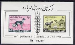 Afghanistan 1961 Farming Day imperf m/sheet  unmounted mint, Mi Bl 8B, stamps on , stamps on  stamps on animals, stamps on  stamps on dogs, stamps on  stamps on afghan hound, stamps on  stamps on horses, stamps on  stamps on ovine, stamps on  stamps on sheep, stamps on  stamps on camels