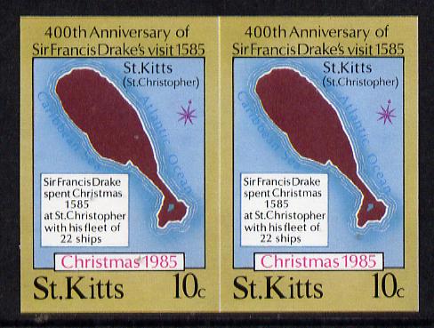 St Kitts 1985 Christmas (Sir Francis Drake) 10c (Map of St Kitts) imperf pair unmounted mint (SG 181var), stamps on christmas  explorers  maps     bowls     drake
