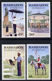 Barbados 1985 150th Anniversary of Royal Barbados Police set of 4 unmounted mint, SG 789-92, stamps on , stamps on  stamps on police, stamps on  stamps on umbrellas, stamps on  stamps on dogs, stamps on  stamps on  gsd , stamps on  stamps on nelson, stamps on  stamps on horses, stamps on  stamps on music