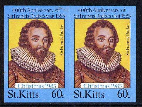 St Kitts 1985 Christmas 60c (Sir Francis Drake) imperf pair unmounted mint (SG 183var), stamps on christmas      explorers     drake  personalities     bowls