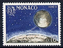 Monaco 1965 Echo 2 satellite 10c unmounted mint, from ITU Centenary set, SG 820, stamps on , stamps on  itu , stamps on communications, stamps on space