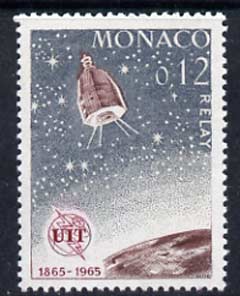 Monaco 1965 Relay satellite 12c unmounted mint, from ITU Centenary set, SG 821, stamps on , stamps on  stamps on , stamps on  stamps on  itu , stamps on  stamps on communications, stamps on  stamps on space