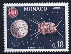 Monaco 1965 Lunik 3 satellite 18c unmounted mint, from ITU Centenary set, SG 821, stamps on , stamps on  itu , stamps on communications, stamps on space
