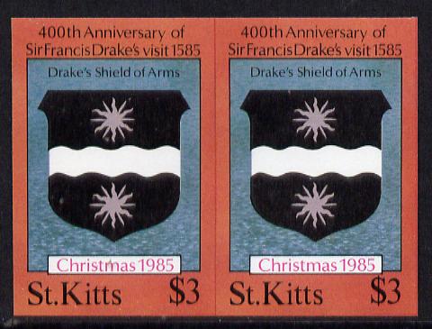 St Kitts 1985 Christmas (Sir Francis Drake) $3 (Drake's Heraldic Shield) imperf pair unmounted mint (SG 184var), stamps on christmas  explorers  heraldry, stamps on arms     bowls     drake