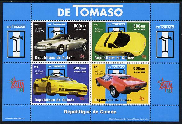 Guinea - Conakry 1998 De Tomaso Cars perf sheetlet containing 4 values unmounted mint. Note this item is privately produced and is offered purely on its thematic appeal, stamps on , stamps on  stamps on cars, stamps on  stamps on de tomaso