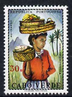 Cape Verde Islands 1968 Girl of Cape Verde carrying baskets of fruit 30e unmounted mint, SG 418, stamps on , stamps on  stamps on food, stamps on  stamps on fruit