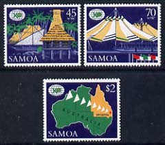 Samoa 1988 Expo 88 World Fair, Brisbane set of 3 unmounted mint, SG 779-81, stamps on , stamps on  stamps on exhibitions, stamps on  stamps on maps, stamps on  stamps on railways, stamps on  stamps on ships