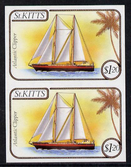 St Kitts 1985 Ships $1.20 (Atlantic Clipper Schooner) imperf pair (SG 174var), stamps on ships