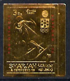 Sharjah 1971 Sapporo Winter Olympics 3R Skier embossed in gold foil, imperf unmounted mint, Mi 837B, stamps on , stamps on  stamps on olympics, stamps on  stamps on skiing