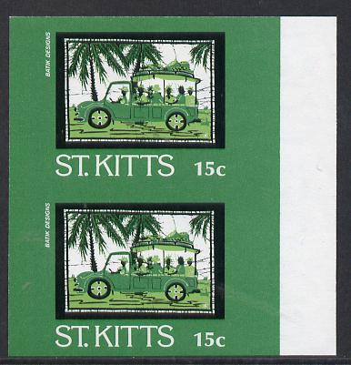 St Kitts 1985 Batik Designs 2nd series 15c (Bus) imperf pair unmounted mint, SG 169var, stamps on textiles     buses     transport