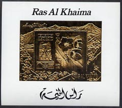 Ras Al Khaima 1972 Sapporo Winter Olympics 10R Ice Hockey & Helleborus deluxe m/sheet embossed in gold foil on shiny card, unmounted mint, stamps on olympics, stamps on ice hockey, stamps on flowers