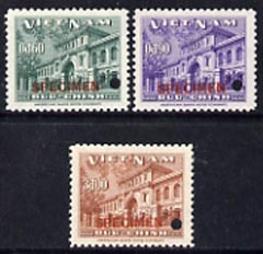 Vietnam 1956 Entry into UPU set of 3 each with small security puncture and overprinted SPECIMEN, from the single ABNCo archive sheet, unmounted mint & exceptionally rare, stamps on , stamps on  upu , stamps on 