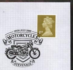 Postmark - Great Britain 2005 cover celebrating Mororcycles with illustrated Stevenage cancel (showing a Vincent Black Shadow), stamps on , stamps on  stamps on motorbikes