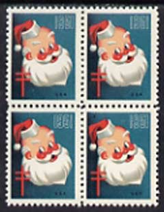 Cinderella - United States 1951 Christmas TB Seal unmounted mint block of 4, one stamp with Printers Mark, stamps on cinderella, stamps on christmas, stamps on  tb , stamps on diseases