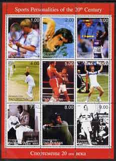 Tadjikistan 1999 Sports Personalities of the 20th Century perf sheetlet containing complete set of 9 values fine cto used, stamps on , stamps on  stamps on sport, stamps on  stamps on tennis, stamps on  stamps on swimming, stamps on  stamps on cricket, stamps on  stamps on boxing, stamps on  stamps on golf, stamps on  stamps on running, stamps on  stamps on millennium, stamps on  stamps on baseball