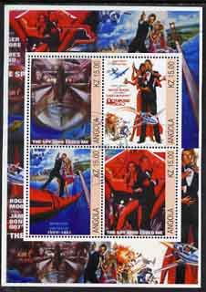 Angola 2002 James Bond (Roger Moore) Movie Posters perf sheetlet containing 4 values fine cto used, stamps on movies, stamps on films, stamps on  spy , stamps on cinena