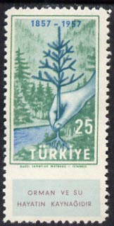 Turkey 1957 Forestry 25k imperf between stamp and label, stamps on trees