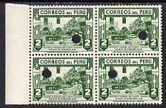 Peru 1938 Fig Tree 2s perforated proof block of 4 in near issued colour each stamp with Waterlow\D5s security puncture, stamps on trees