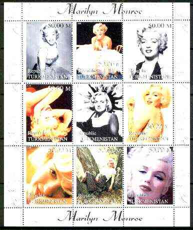 Turkmenistan 1999 Marilyn Monroe perf sheetlet containing complete set of 9 values unmounted mint, stamps on , stamps on  stamps on films, stamps on  stamps on cinema, stamps on  stamps on entertainments, stamps on marilyn monroe