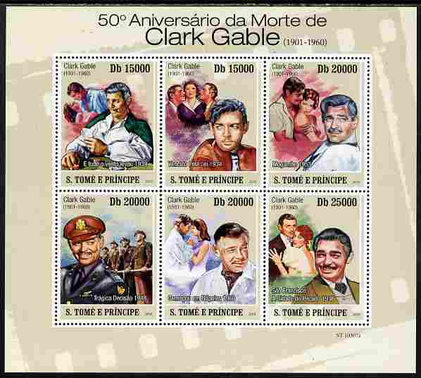 St Thomas & Prince Islands 2010 50th Anniversary of Death of Clark Gable perf sheetlet containing 6 values unmounted mint , stamps on , stamps on  stamps on personalities, stamps on  stamps on films, stamps on  stamps on movies, stamps on  stamps on cinema