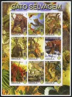 Angola 2000 Big Cats imperf sheetlet containing set of 9 values (vert format) each with Rotary & Scouts Logos, unmounted mint, stamps on , stamps on  stamps on cats, stamps on  stamps on lions, stamps on  stamps on tigers, stamps on  stamps on leopards, stamps on  stamps on cheetahs, stamps on  stamps on rotary, stamps on  stamps on scouts