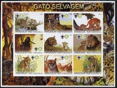 Angola 2000 Big Cats imperf sheetlet containing set of 9 values (horiz format) each with Rotary & Scouts Logos, unmounted mint, stamps on , stamps on  stamps on cats, stamps on  stamps on lions, stamps on  stamps on tigers, stamps on  stamps on leopards, stamps on  stamps on cheetahs, stamps on  stamps on rotary, stamps on  stamps on scouts