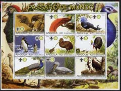 Angola 2000 Exotic Birds perf sheetlet containing set of 9 values (horiz format) each with Rotary & Scouts Logos, unmounted mint, stamps on , stamps on  stamps on birds, stamps on  stamps on penguins, stamps on  stamps on birds of prey, stamps on  stamps on rotary, stamps on  stamps on scouts