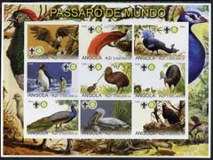 Angola 2000 Exotic Birds imperf sheetlet containing set of 9 values (horiz format) each with Rotary & Scouts Logos, unmounted mint, stamps on , stamps on  stamps on birds, stamps on  stamps on penguins, stamps on  stamps on birds of prey, stamps on  stamps on rotary, stamps on  stamps on scouts