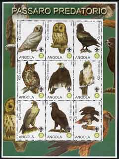 Angola 2000 Birds of Prey perf sheetlet containing set of 9 values each with Rotary & Scouts Logos, unmounted mint, stamps on , stamps on  stamps on birds, stamps on  stamps on birds of prey, stamps on  stamps on eagles, stamps on  stamps on owls, stamps on  stamps on rotary, stamps on  stamps on scouts